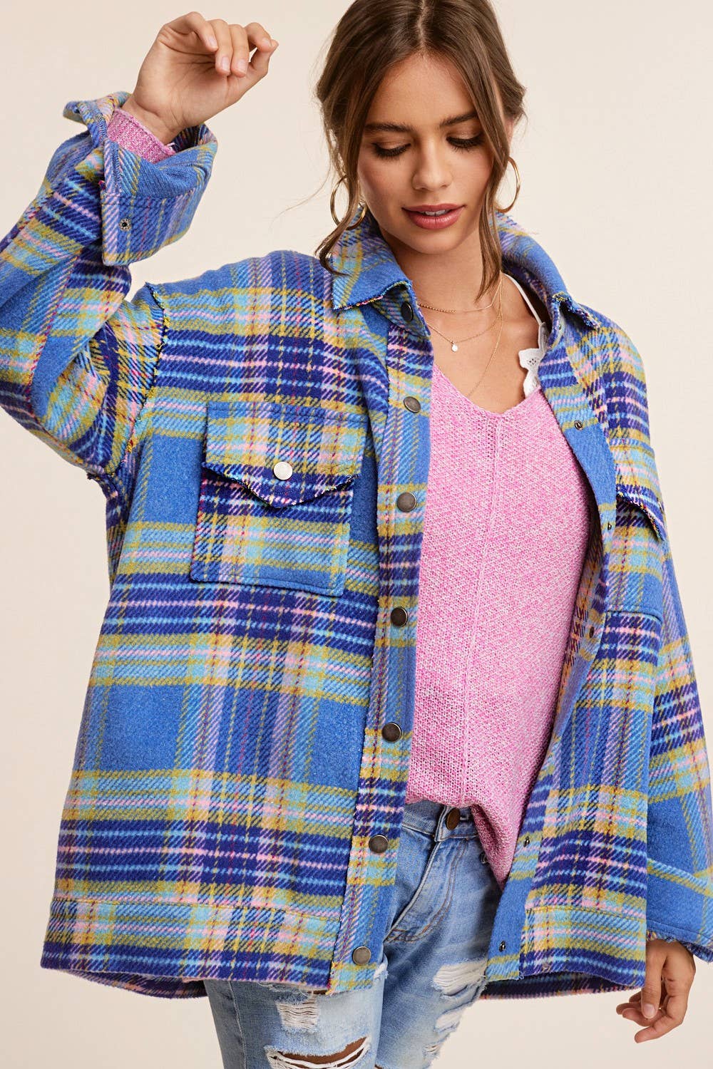Outerwear Loose Fit Plaid Button Down Shacket with  Pockets JKT1797