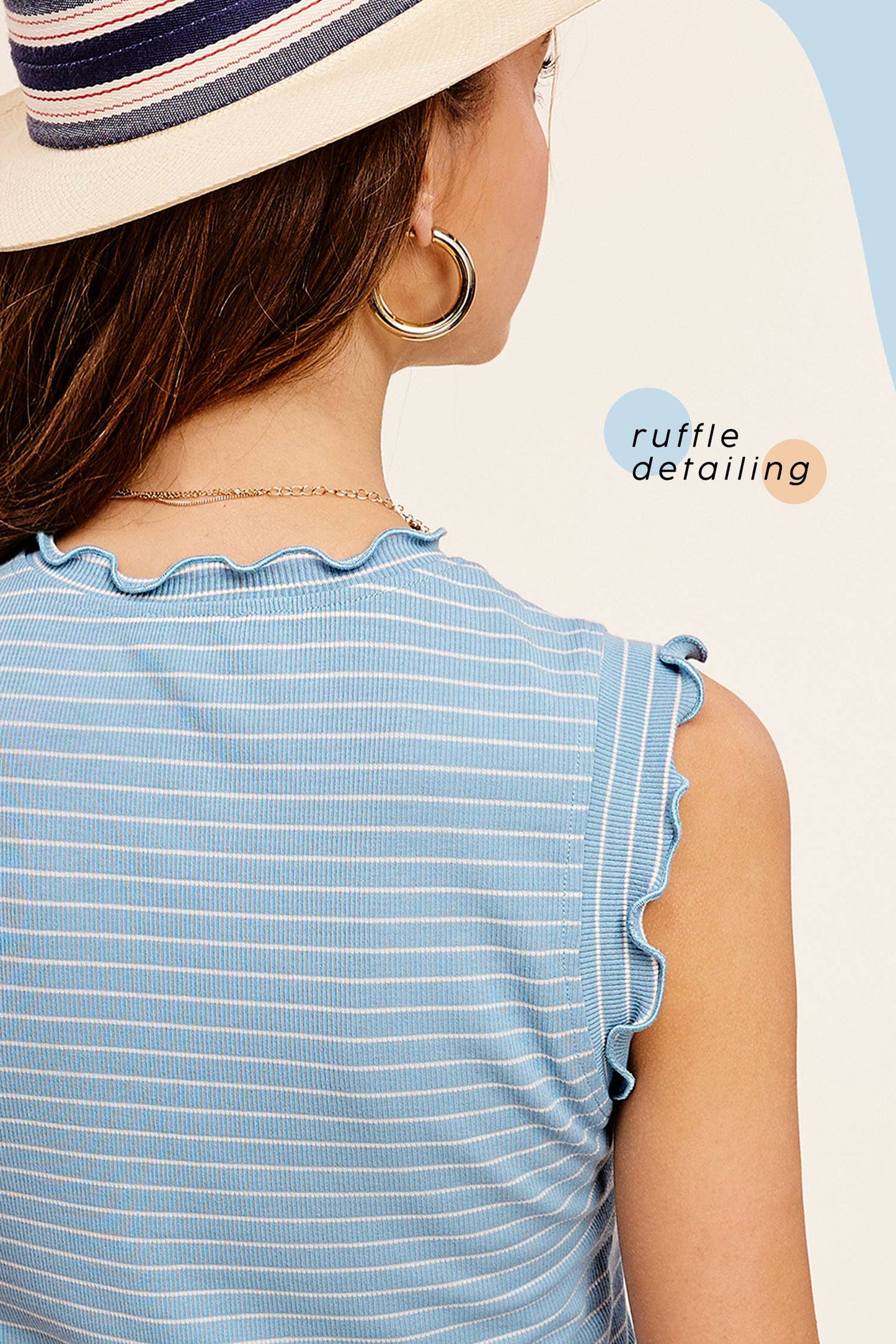 HCT7692-Stretchy Brushed Ruffle Sleeve Stripe Tank Top