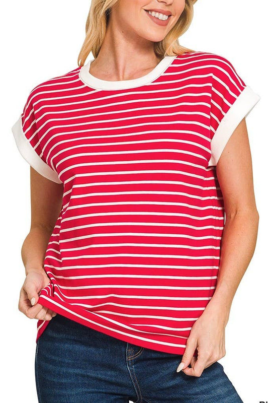 3534 Contrast Trim Cap Sleeve Stripe Tee CT-3543Y