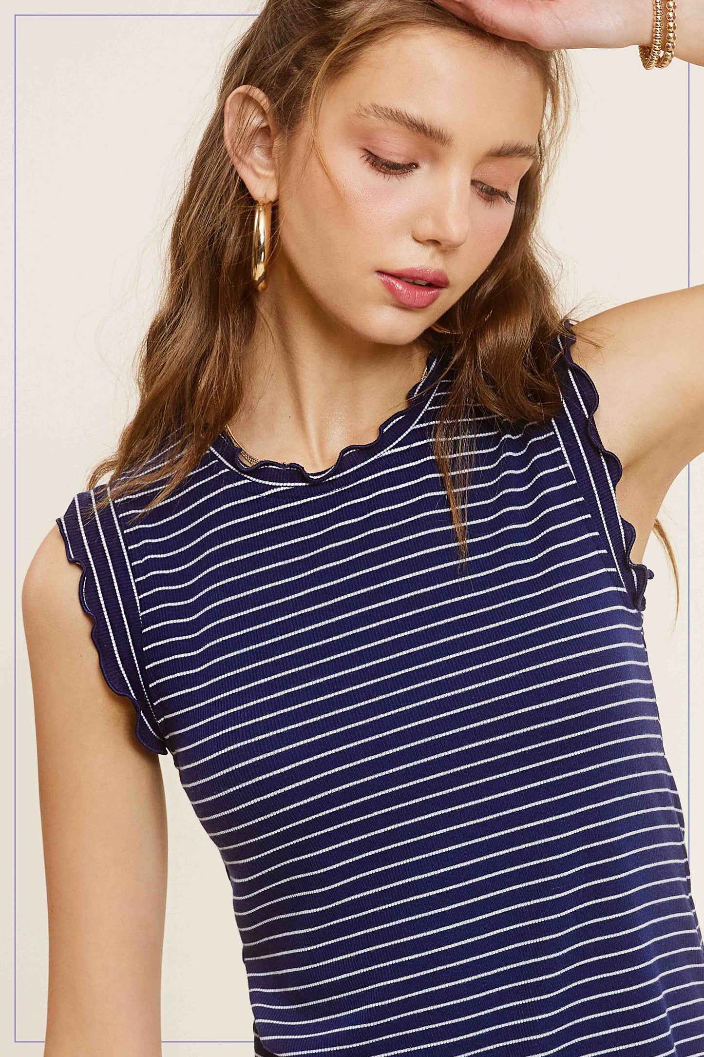 HCT7692-Stretchy Brushed Ruffle Sleeve Stripe Tank Top