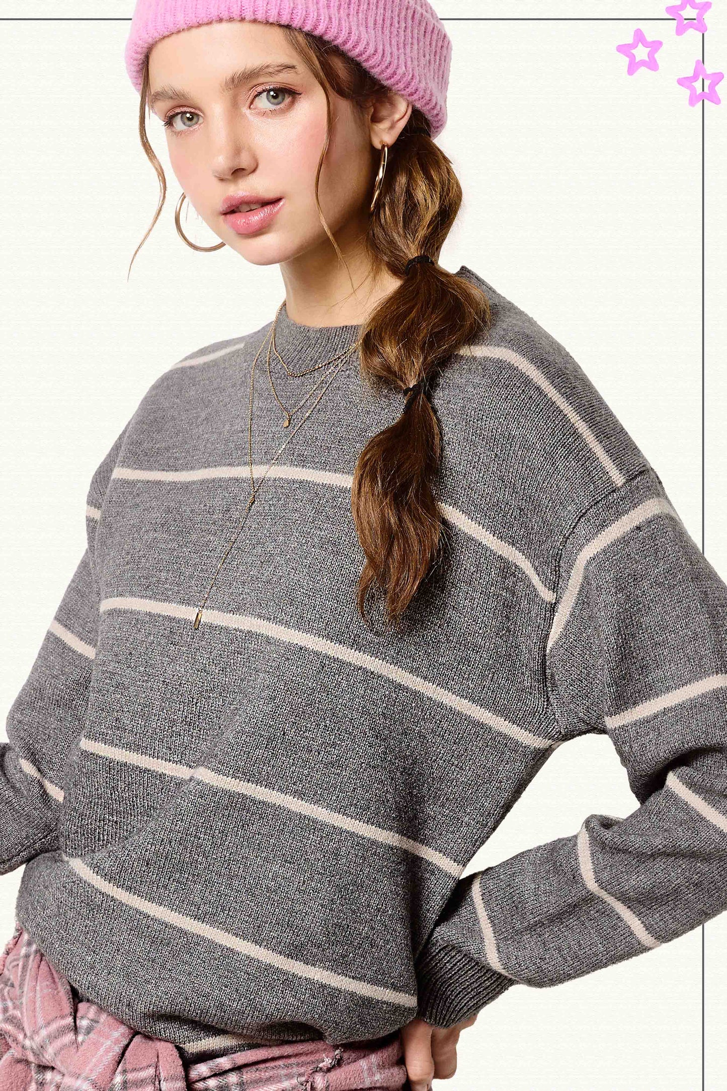 Outerwear Loose Fit Stripe Long Sleeve Crewneck Sweater HCS3553