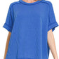 8451 Textured Line Short Cuff Sleeve Raw Edge Top