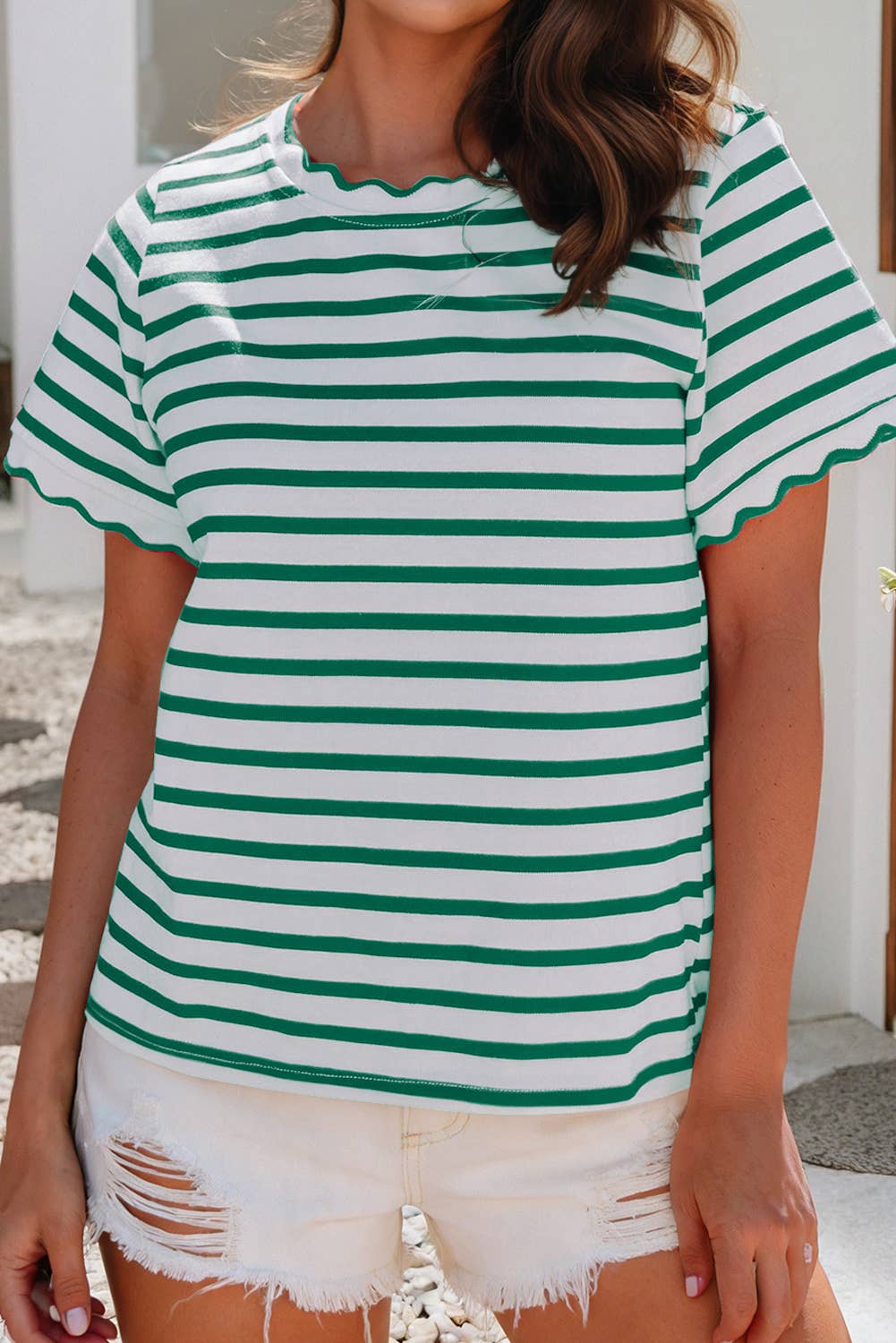 Shirts Women’s LDC Spring Scalloped Trim Round Neck Stripe T Shirt P219 P319