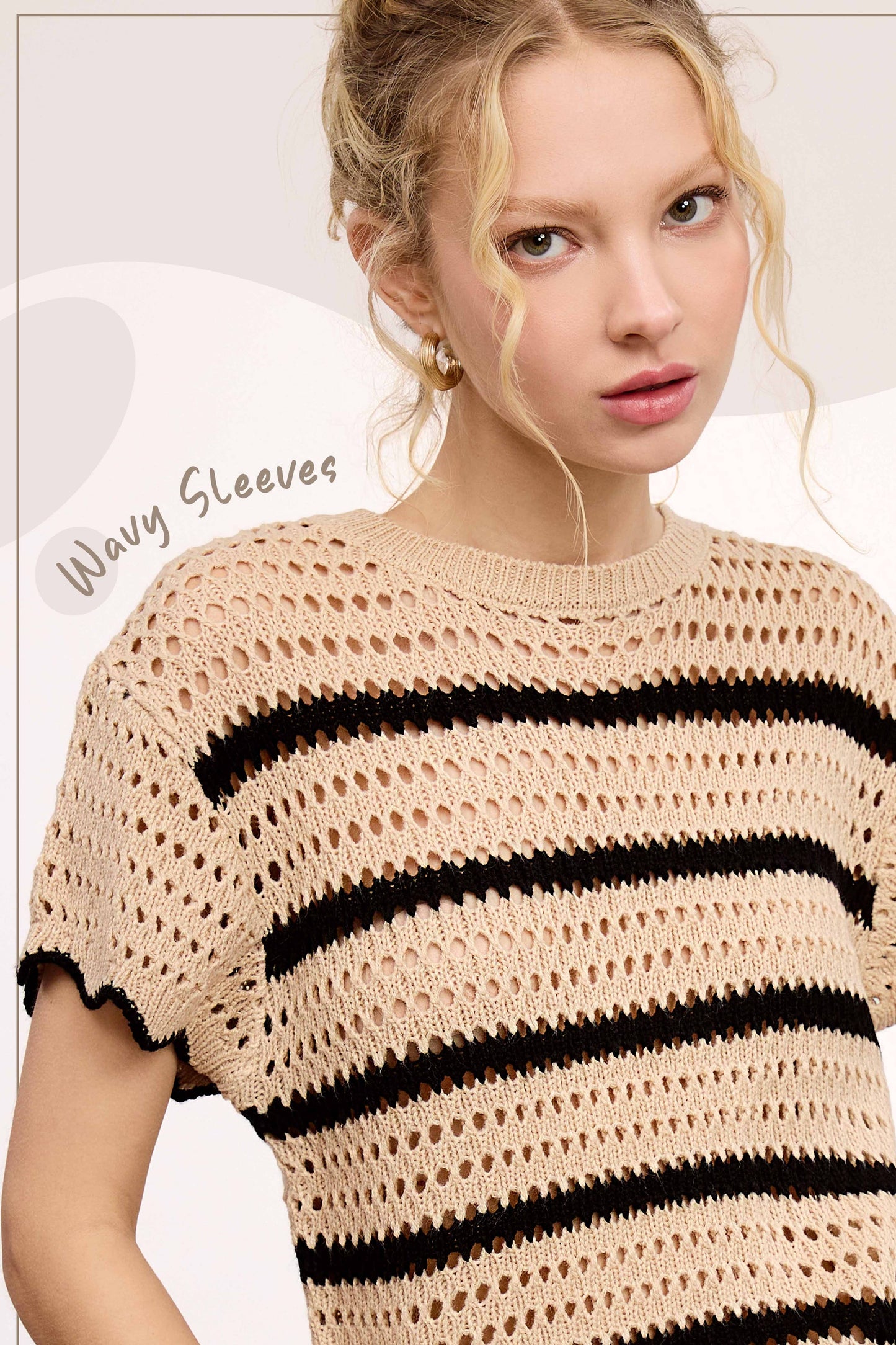 Outerwear Round Neck Scalloped Edge Short Sleeve Sweater MDS3603