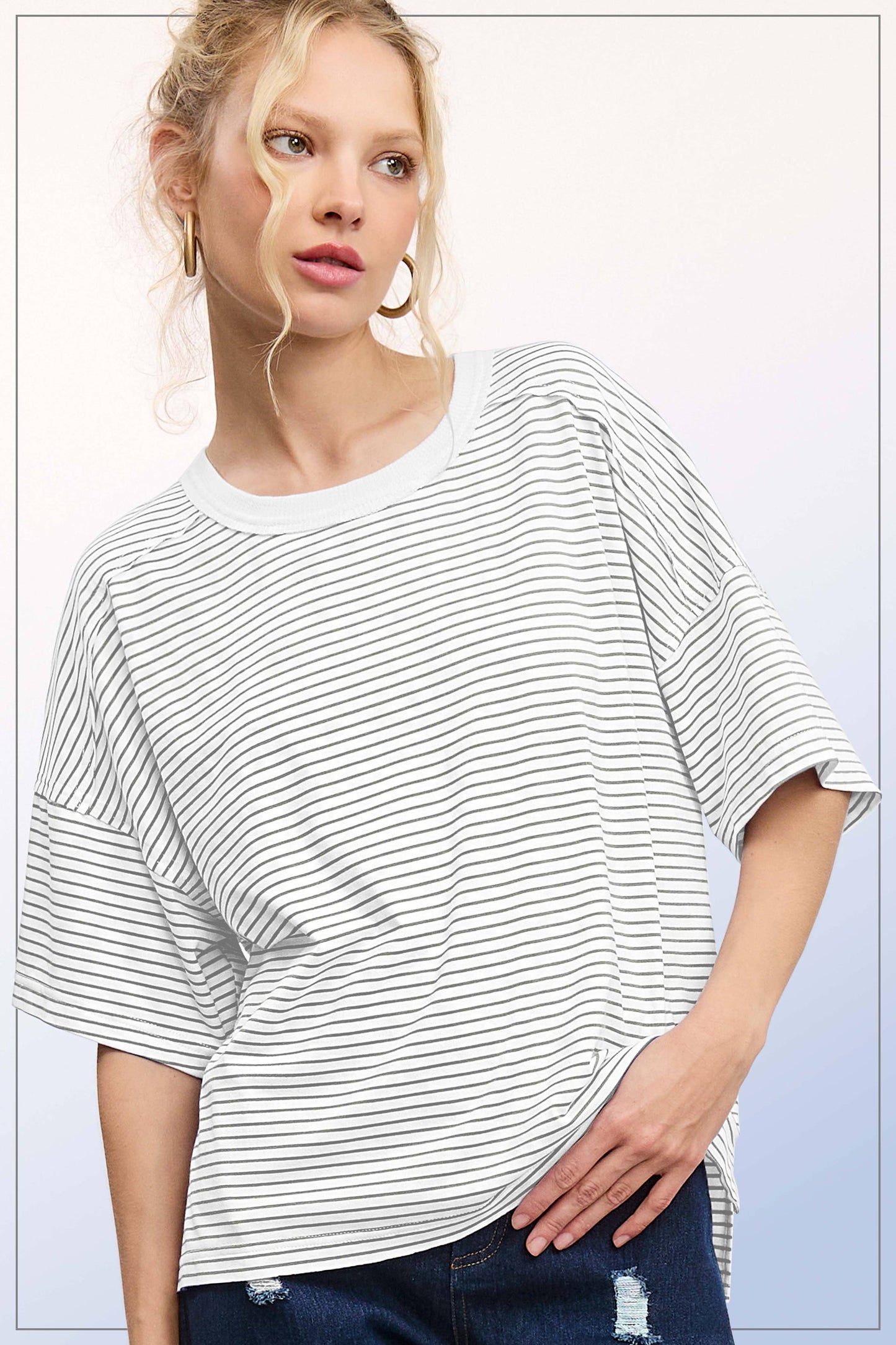 Shirts Women’s Striped Drop Shoulder Short Sleeves HDT7703