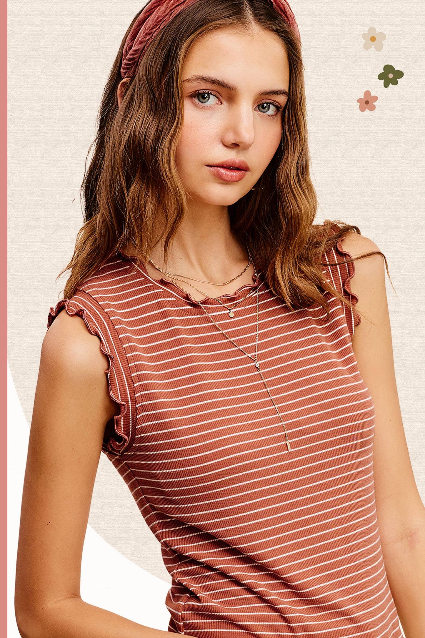 HCT7692-Stretchy Brushed Ruffle Sleeve Stripe Tank Top