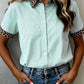 Shirts Women’s Leopard Trim Striped Button-Down Short Sleeve Shirt P-419