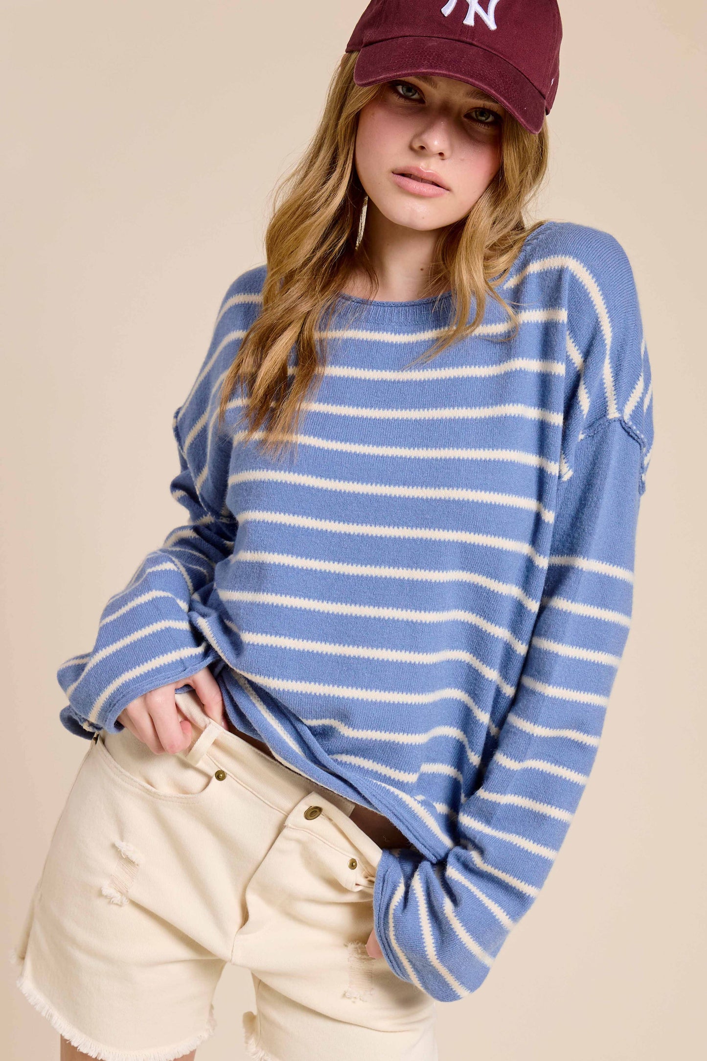 MCS3588-Striped Round Neck Loose Fit Long Sleeve Sweater
