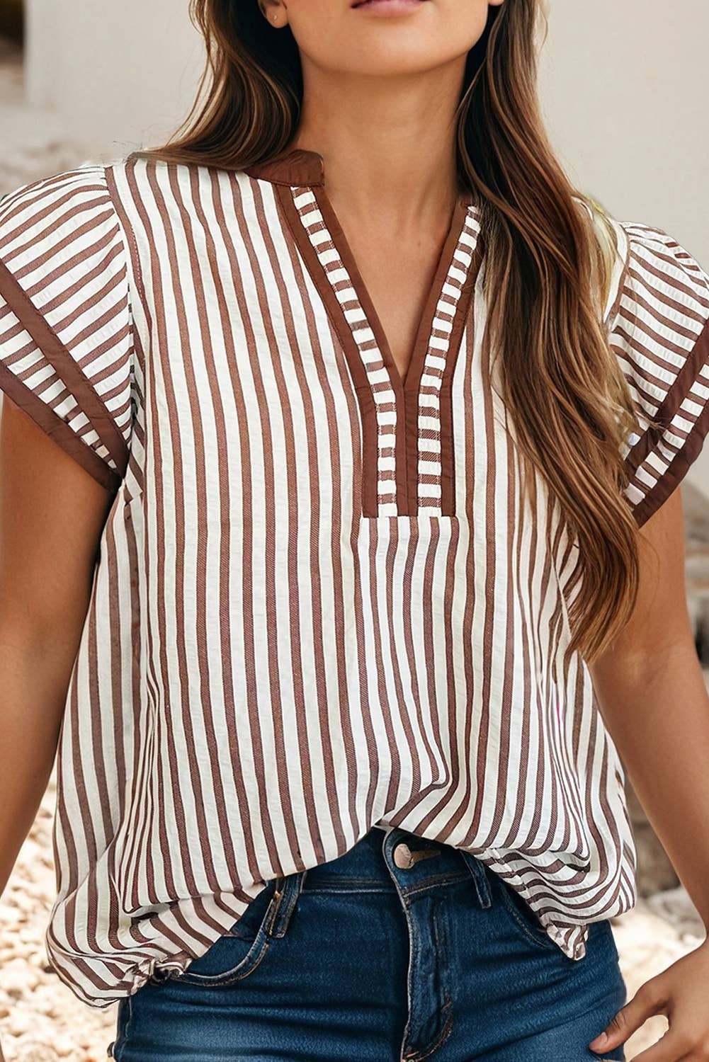 LDC Double Ruffled Short Sleeve Contrast Trim V Neck Blouse P1619