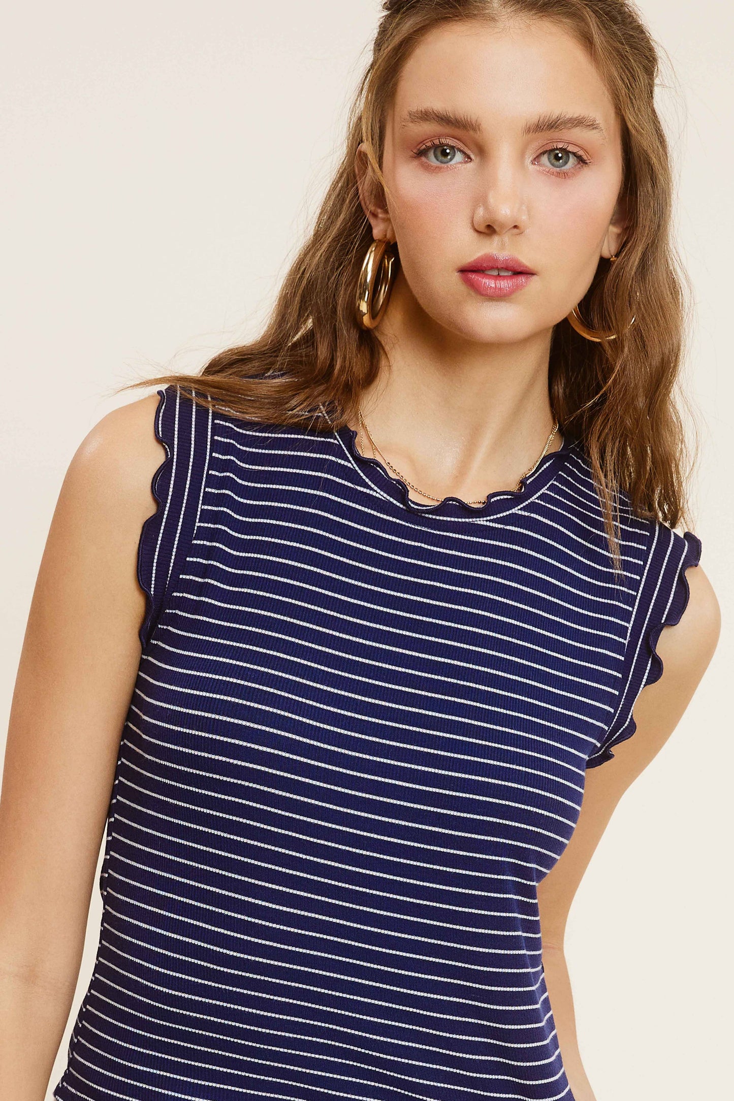 HCT7692-Stretchy Brushed Ruffle Sleeve Stripe Tank Top