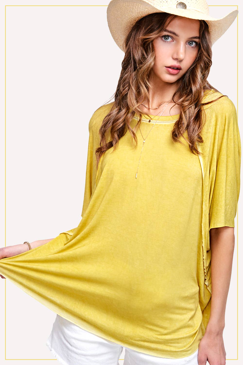 HBT7653 Dyed Fabric Round Neck Batwing Short Sleeve Women’s Shirts
