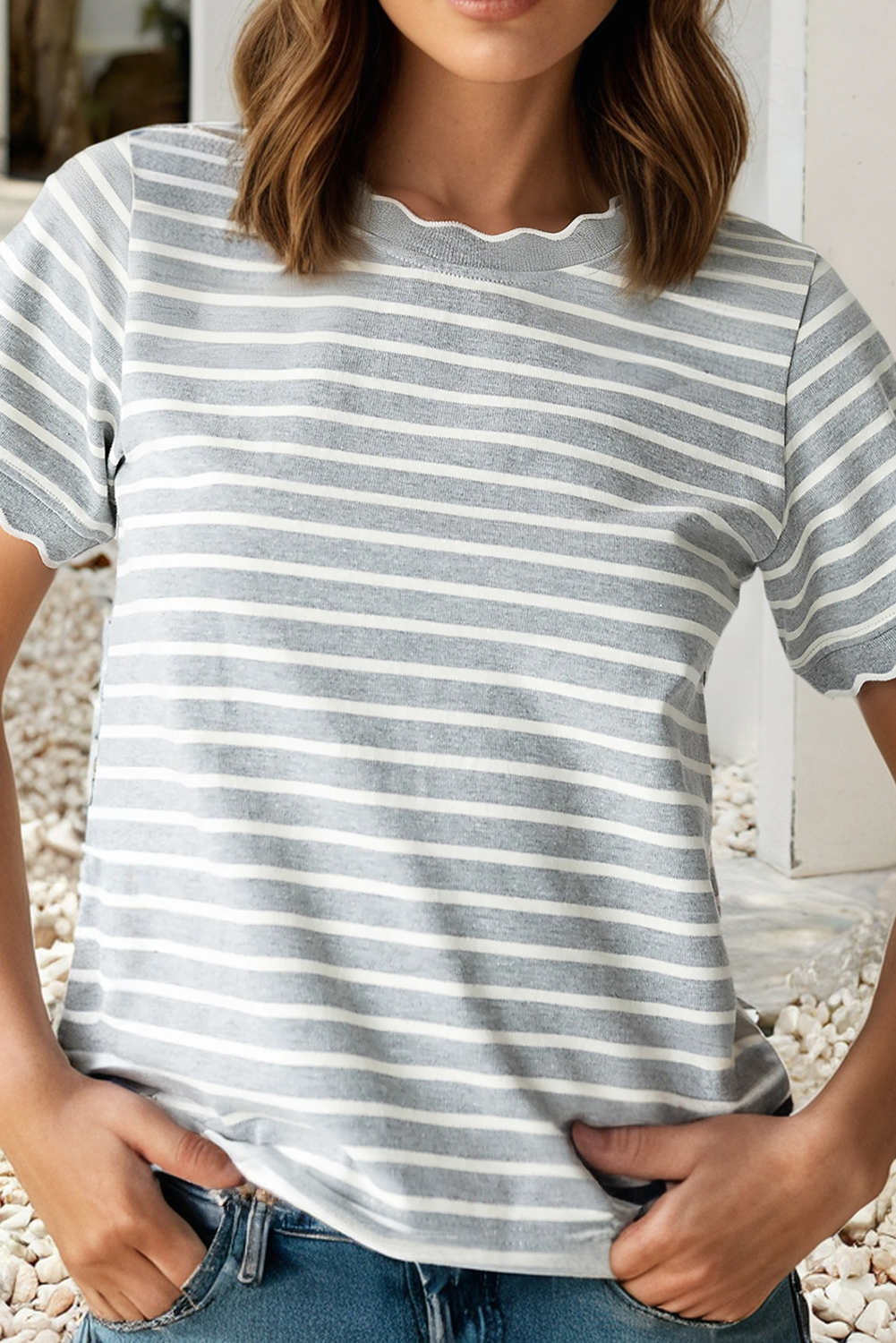 Shirts Women’s LDC Spring Scalloped Trim Round Neck Stripe T Shirt P219 P319