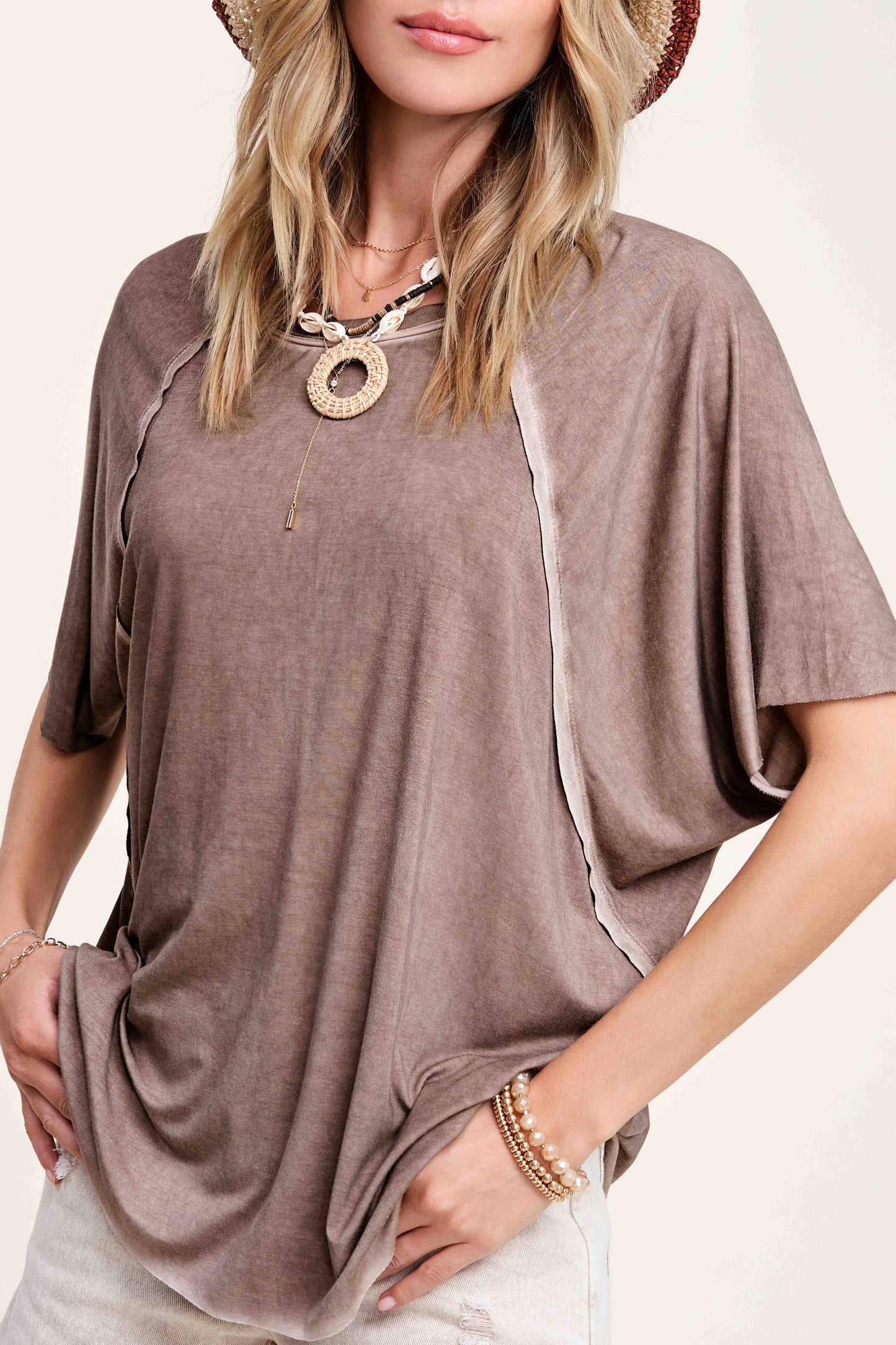 HBT7653 Dyed Fabric Round Neck Batwing Short Sleeve Women’s Shirts