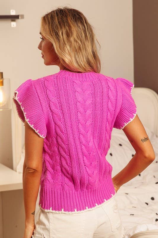 1586 Cable Knit Ruffle Sleeve Sweater