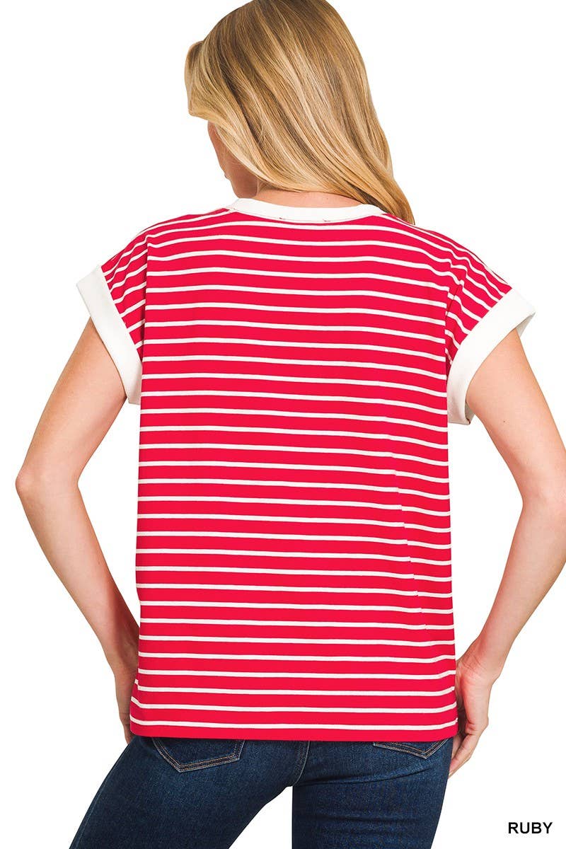 3534 Contrast Trim Cap Sleeve Stripe Tee CT-3543Y