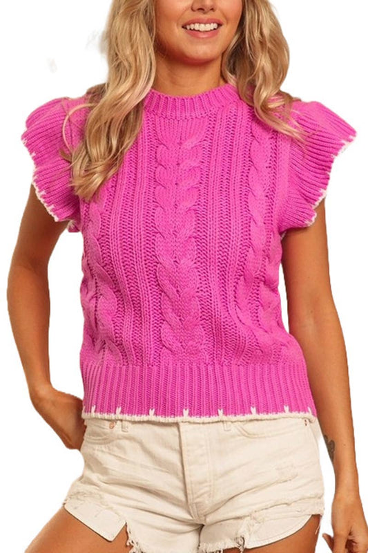 1586 Cable Knit Ruffle Sleeve Sweater