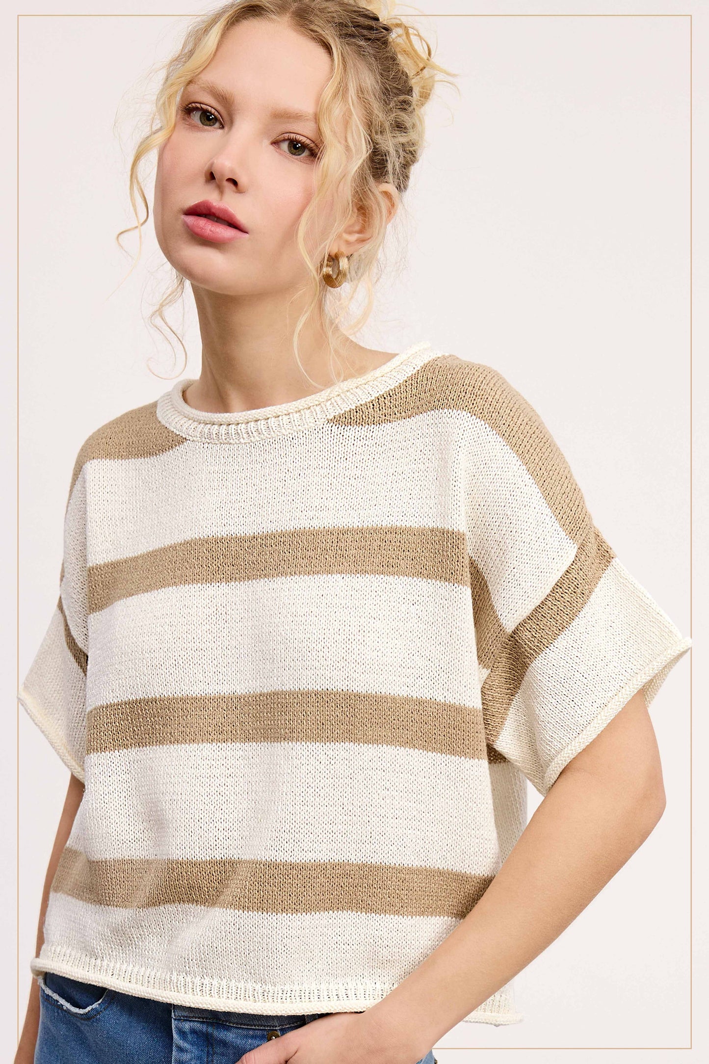 MCS3579-Boxy Silhouette Stripe Lightweight Sweater Top Outerwear Women’s