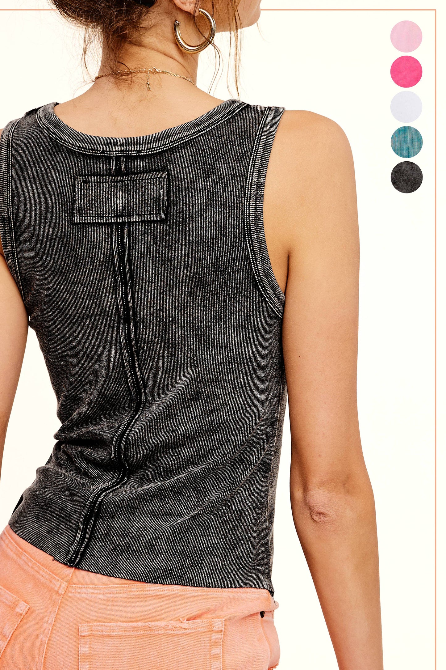 Shirts Women’s HCT7694Mineral Washed Back Patch Detail Breathable Tank Top