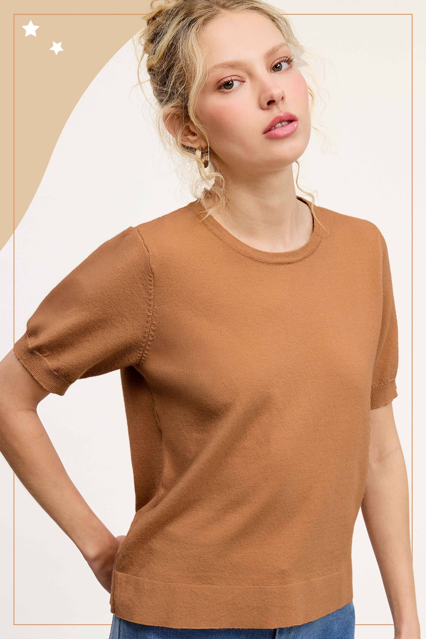 Soft Short Puffy Sleeve Basic Stretchy Knit Top MCS3600