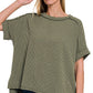 8451 Textured Line Short Cuff Sleeve Raw Edge Top