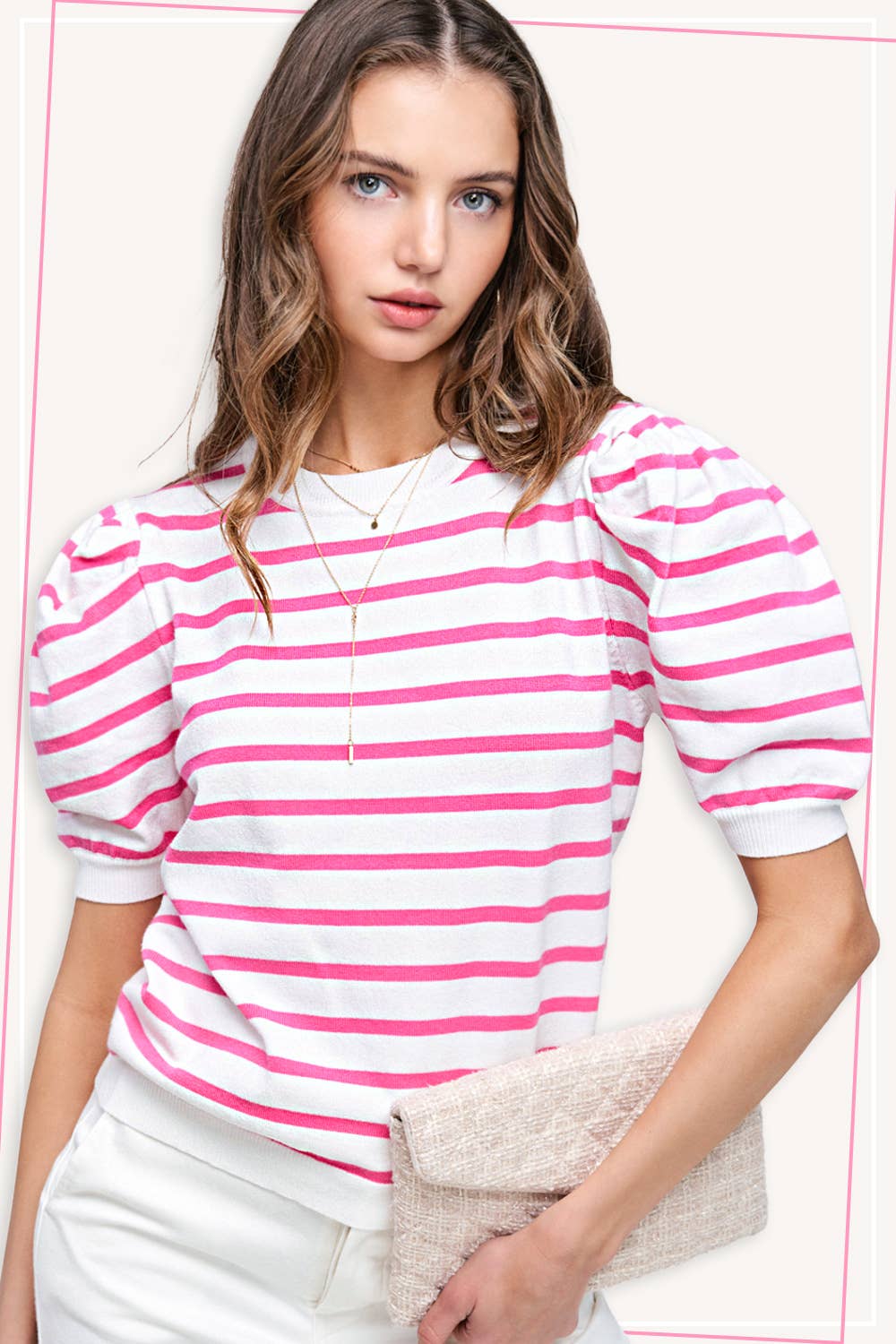 Shirts Women’s Lightweight Puff Short Sleeve Stripe Knit Top JCS3562