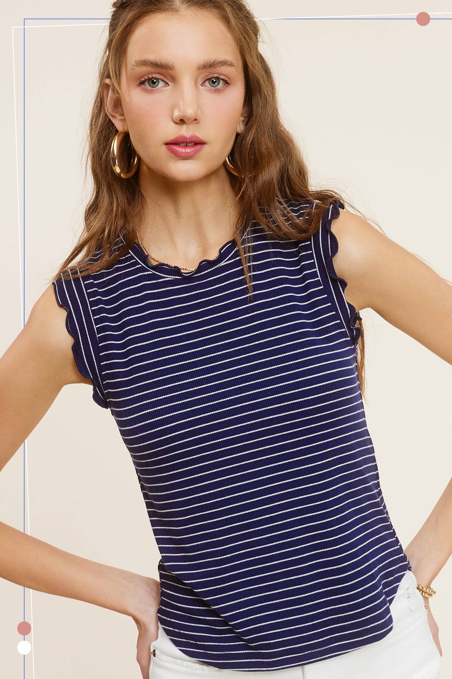 HCT7692-Stretchy Brushed Ruffle Sleeve Stripe Tank Top
