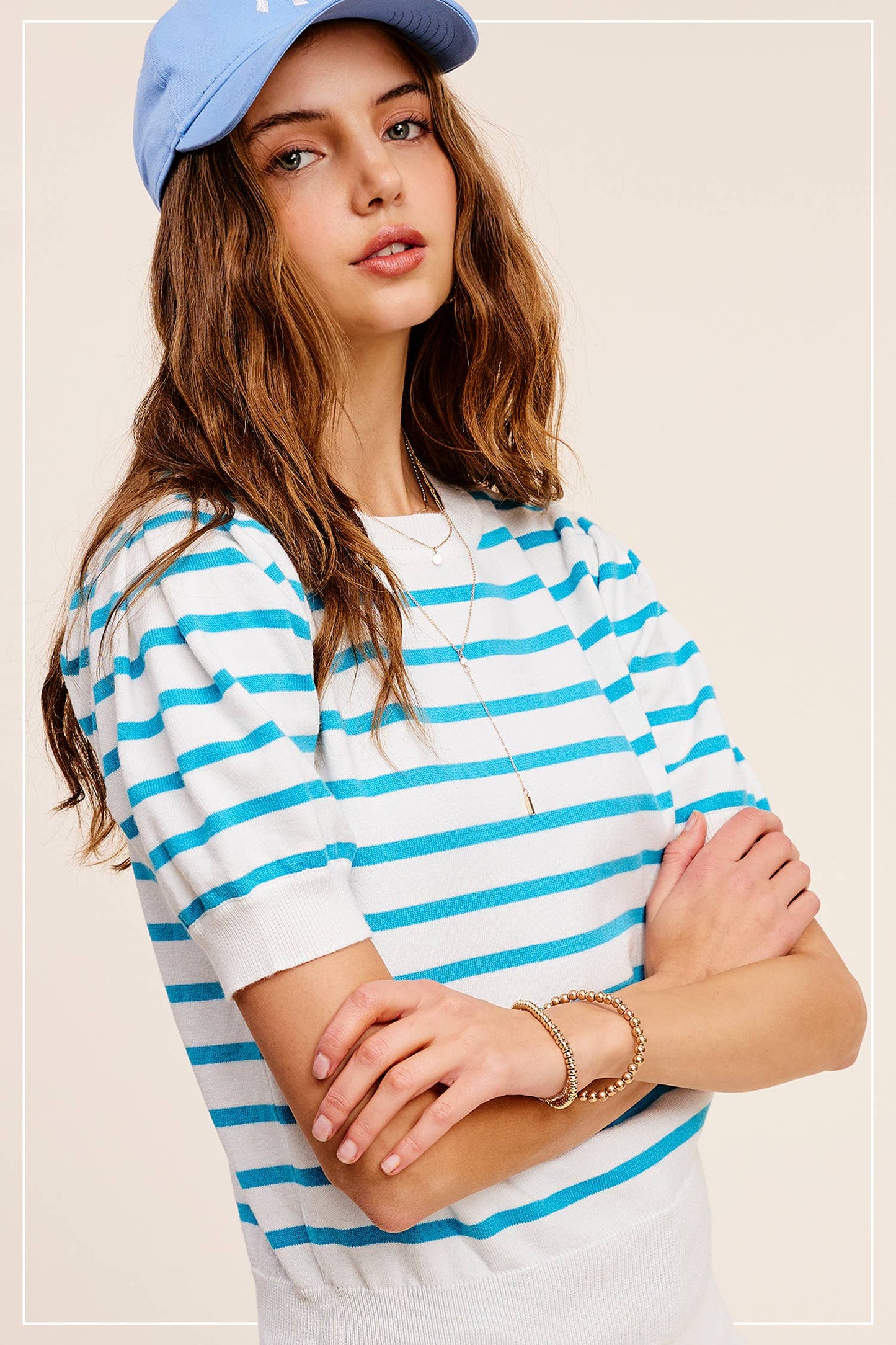 Shirts Women’s Lightweight Puff Short Sleeve Stripe Knit Top JCS3562