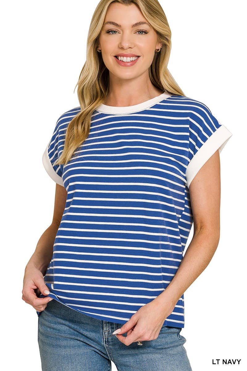 3534 Contrast Trim Cap Sleeve Stripe Tee CT-3543Y