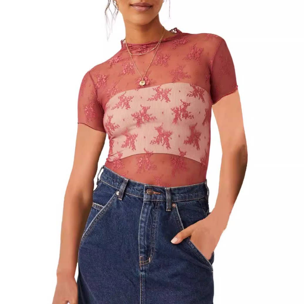 TO1401 Sheer Mesh Lace Short Sleeve Top