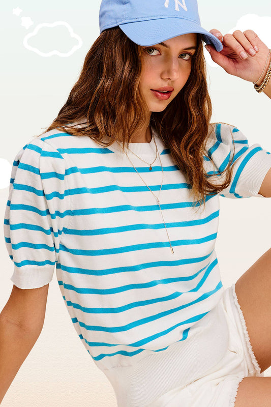 Shirts Women’s Lightweight Puff Short Sleeve Stripe Knit Top JCS3562