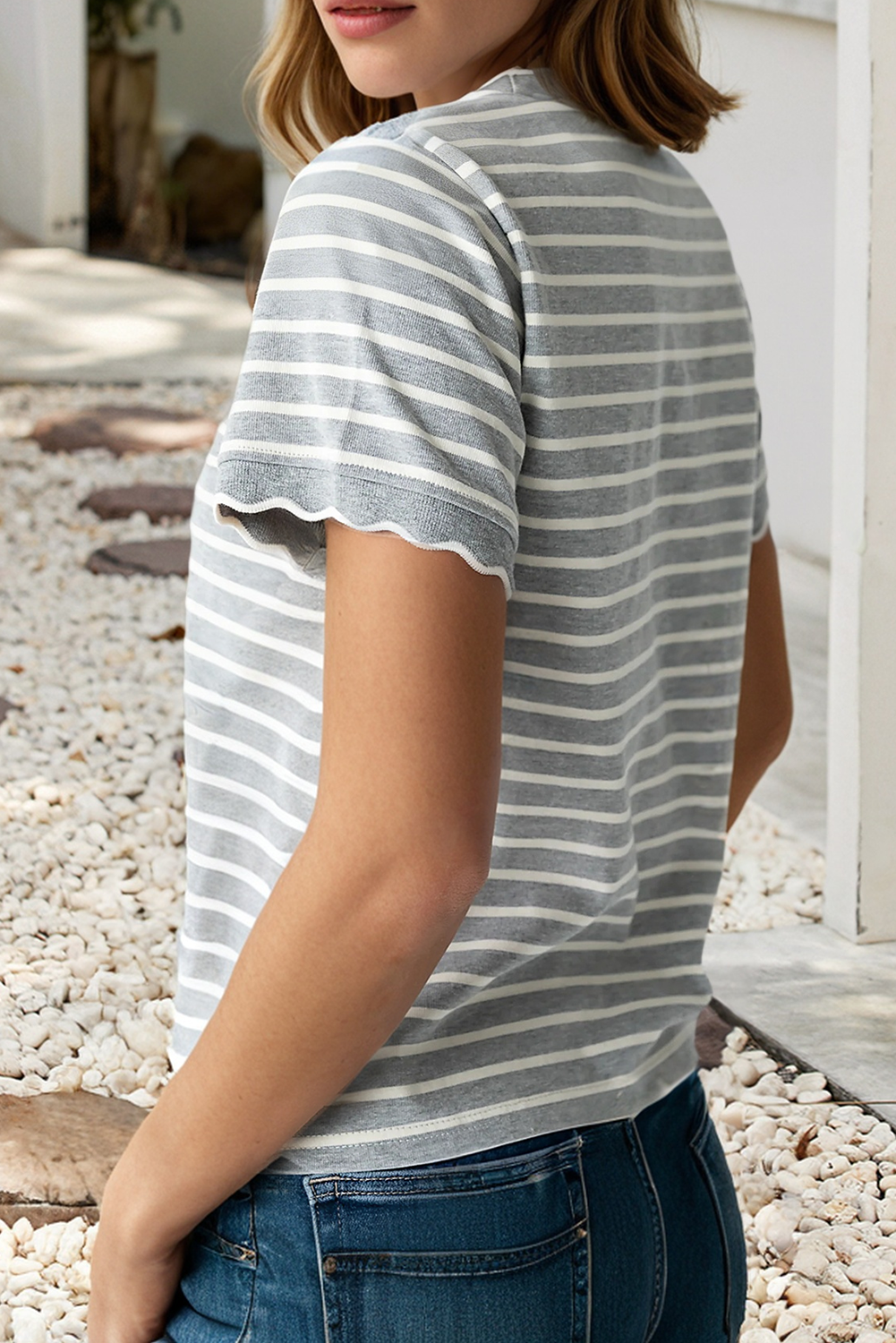 Shirts Women’s LDC Spring Scalloped Trim Round Neck Stripe T Shirt P219 P319