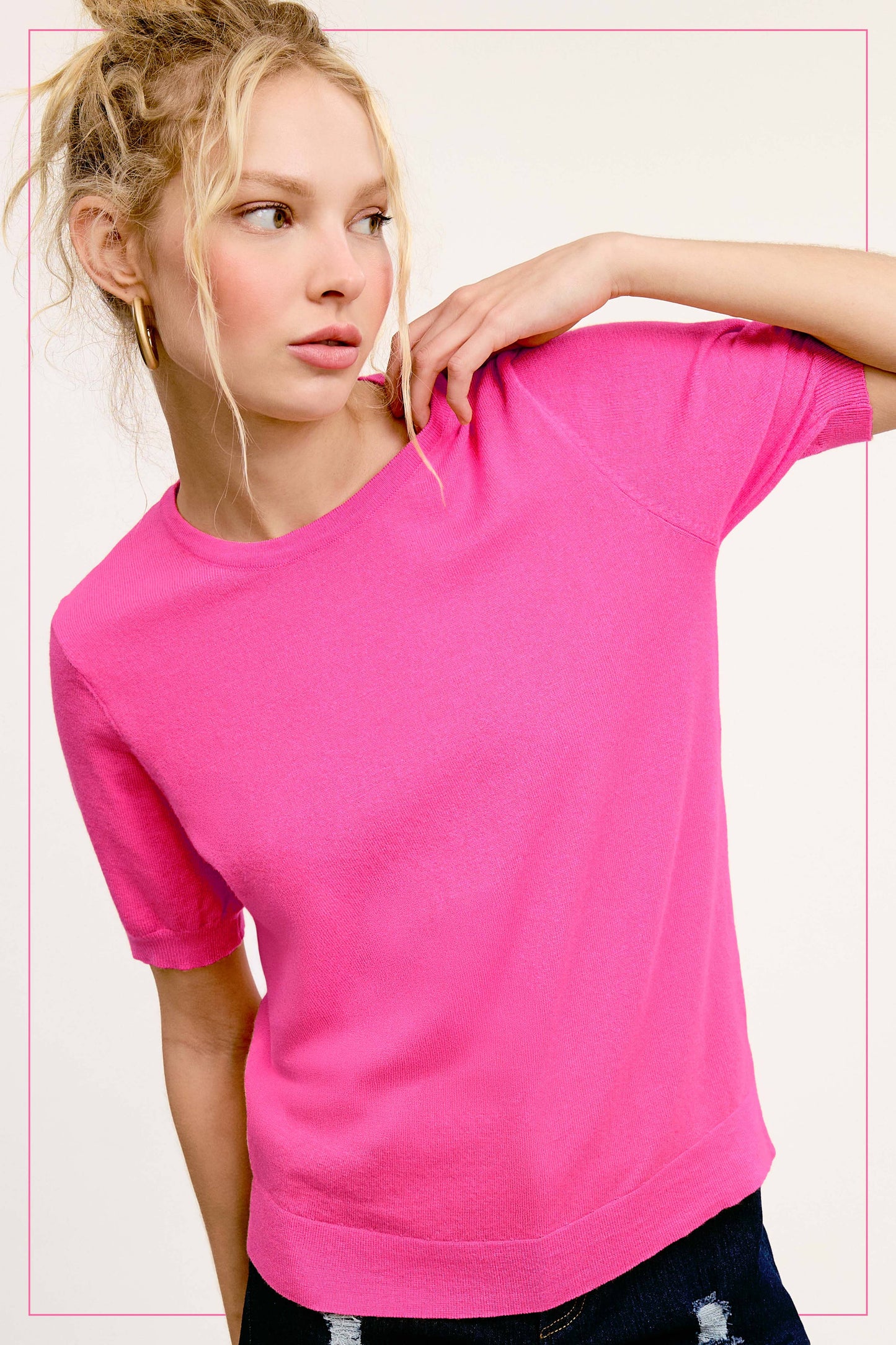 Soft Short Puffy Sleeve Basic Stretchy Knit Top MCS3600