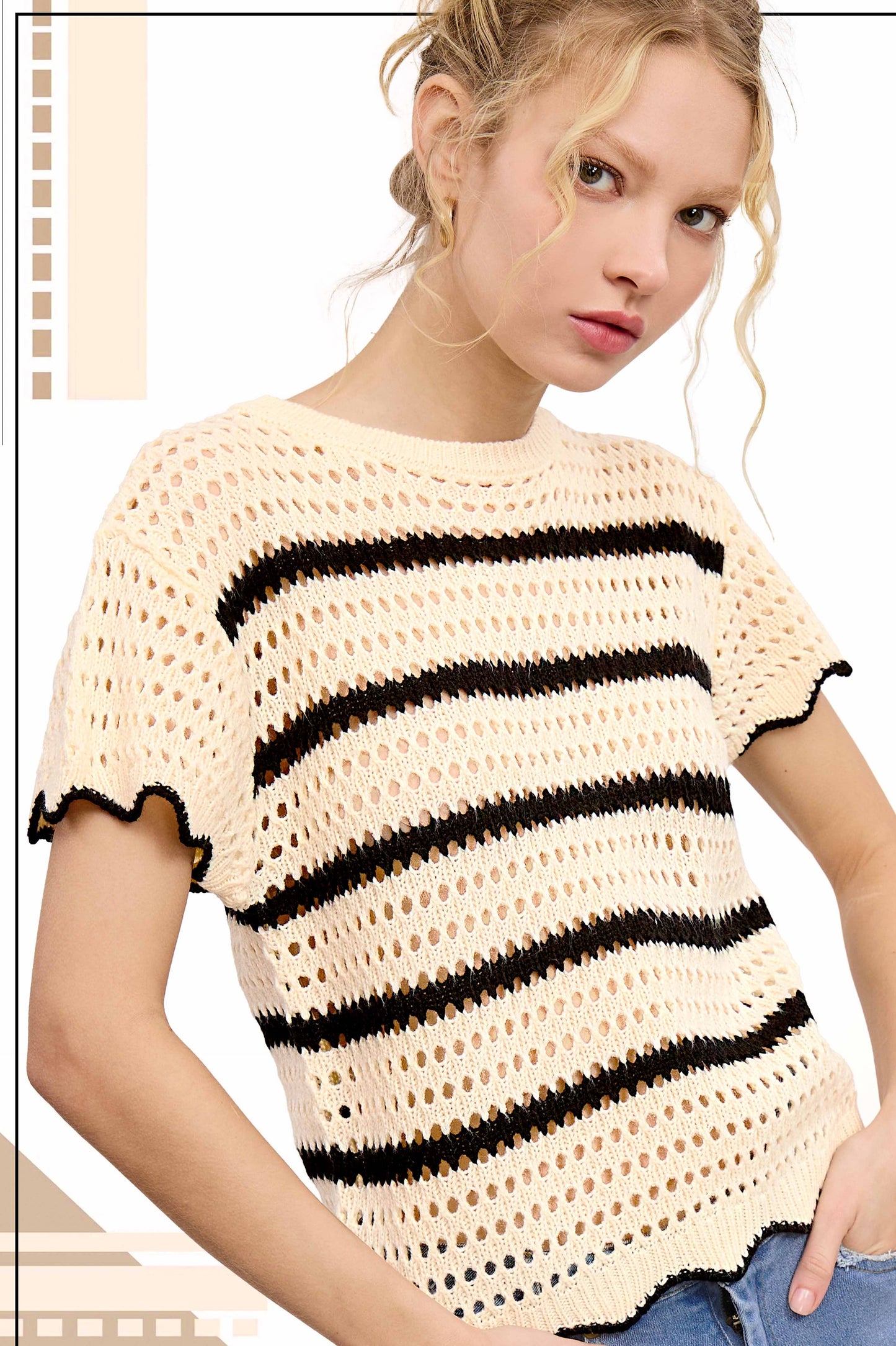 Outerwear Round Neck Scalloped Edge Short Sleeve Sweater MDS3603