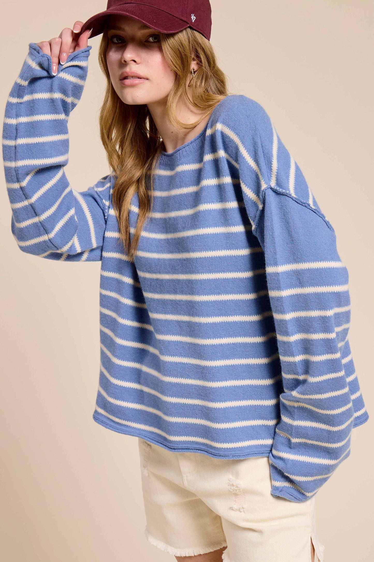 MCS3588-Striped Round Neck Loose Fit Long Sleeve Sweater