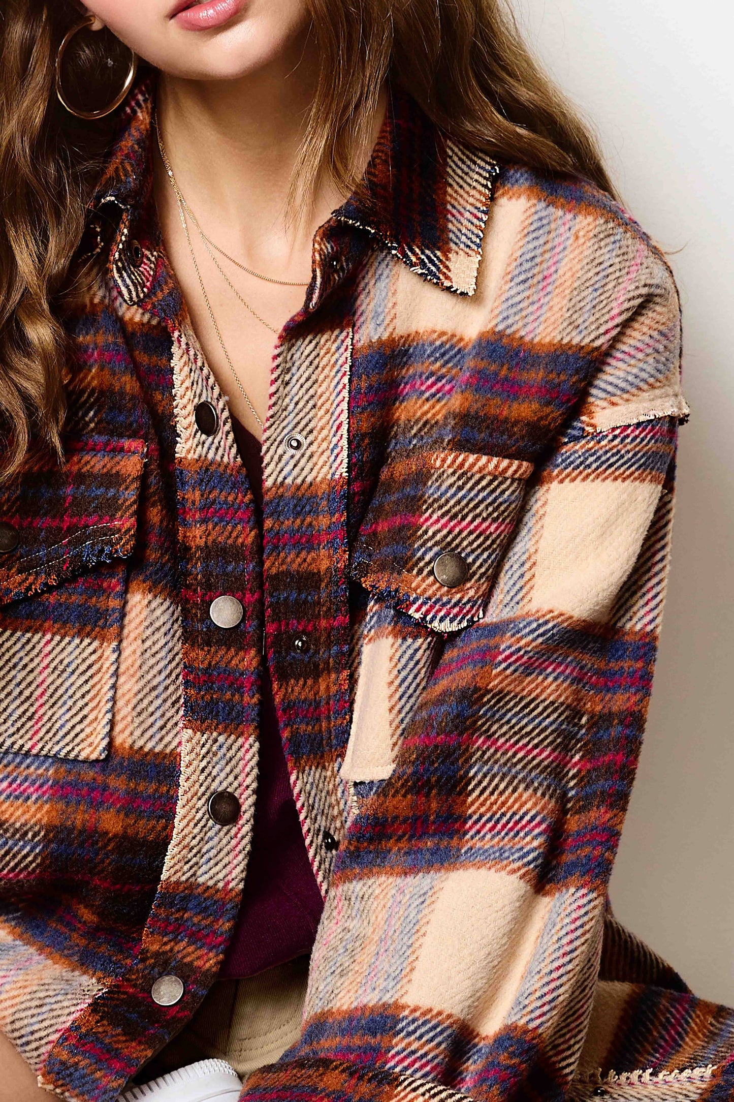 Outerwear Loose Fit Plaid Button Down Shacket with  Pockets JKT1797