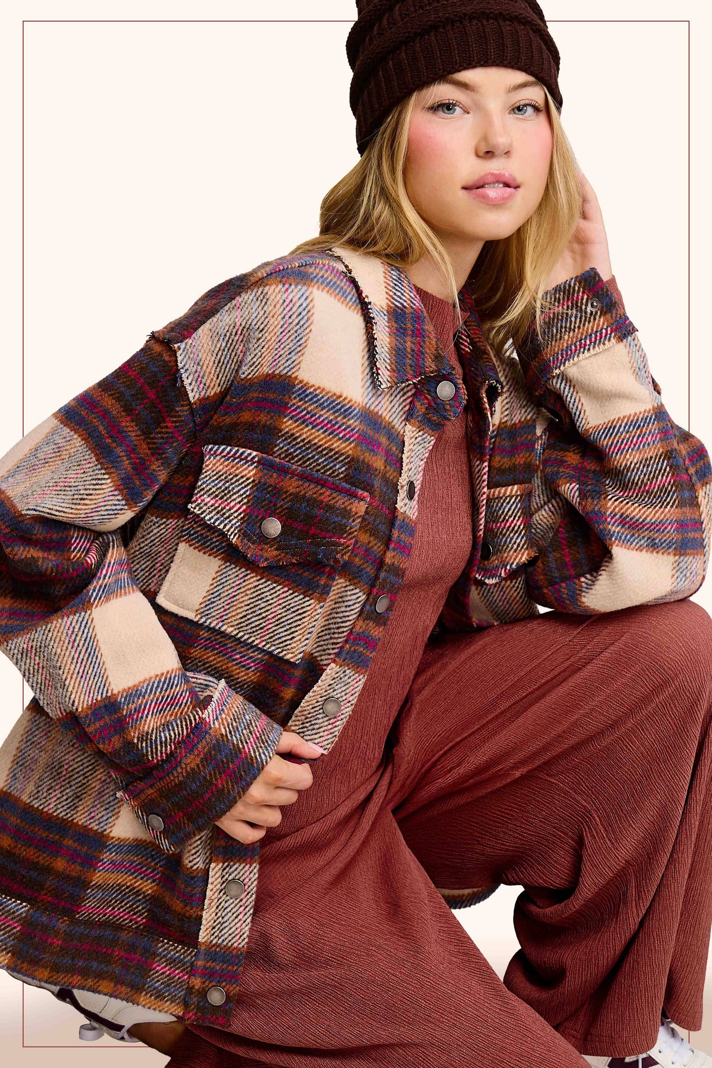 Outerwear Loose Fit Plaid Button Down Shacket with  Pockets JKT1797