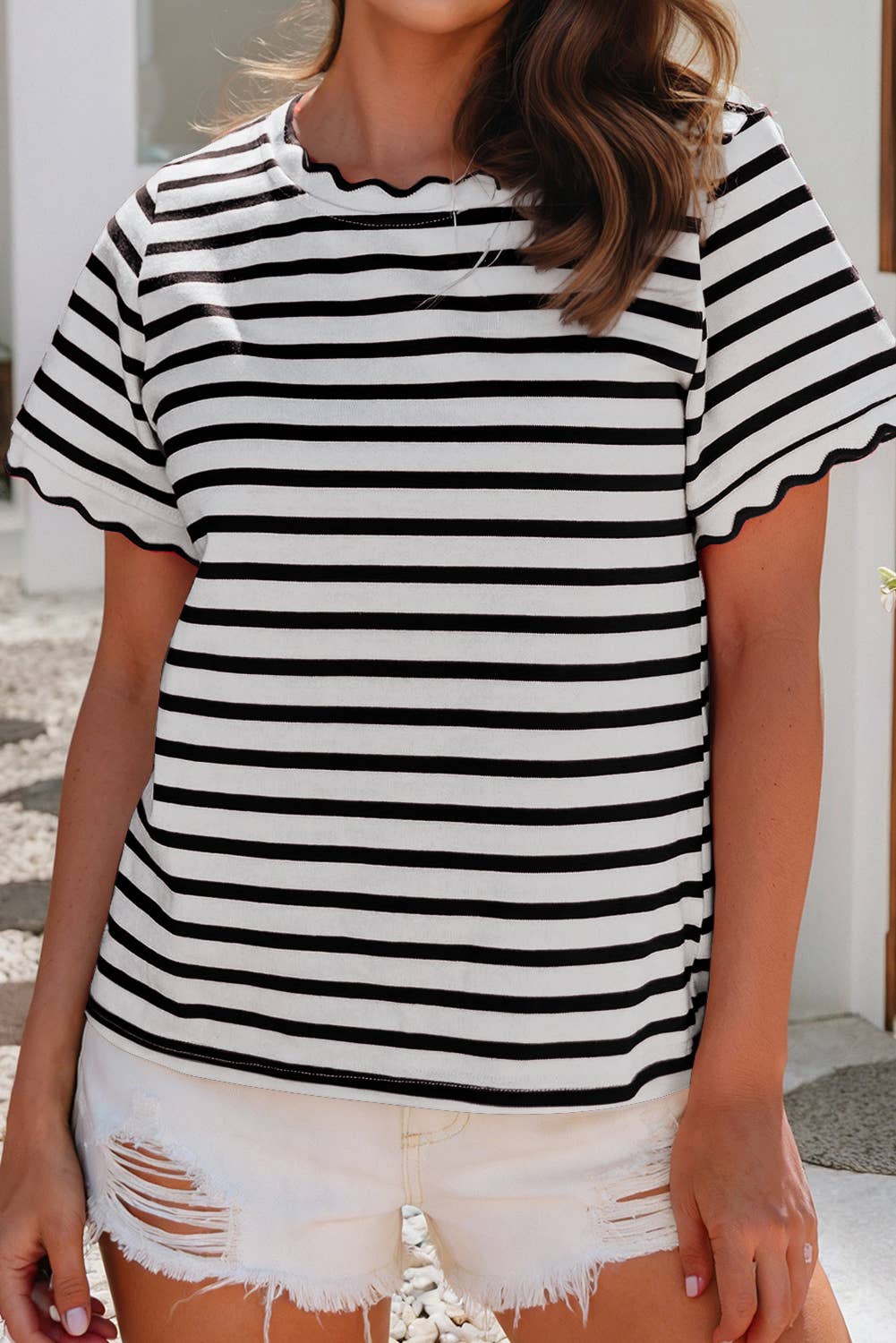Shirts Women’s LDC Spring Scalloped Trim Round Neck Stripe T Shirt P219 P319