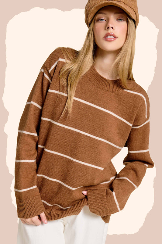 Outerwear Loose Fit Stripe Long Sleeve Crewneck Sweater HCS3553