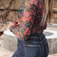 Shirts Women’s Floral Western Mesh Mock Neck Sheer Slim Fit Blouse P1015