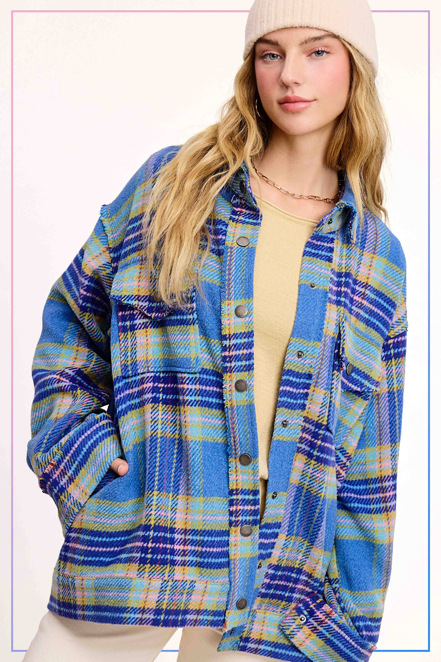 Outerwear Loose Fit Plaid Button Down Shacket with  Pockets JKT1797