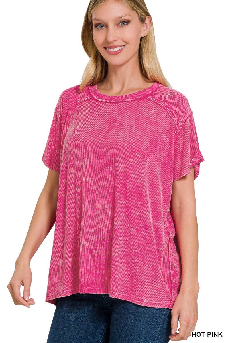 Washed Ribbed Short Sleeve Boat-neck Top 8393a