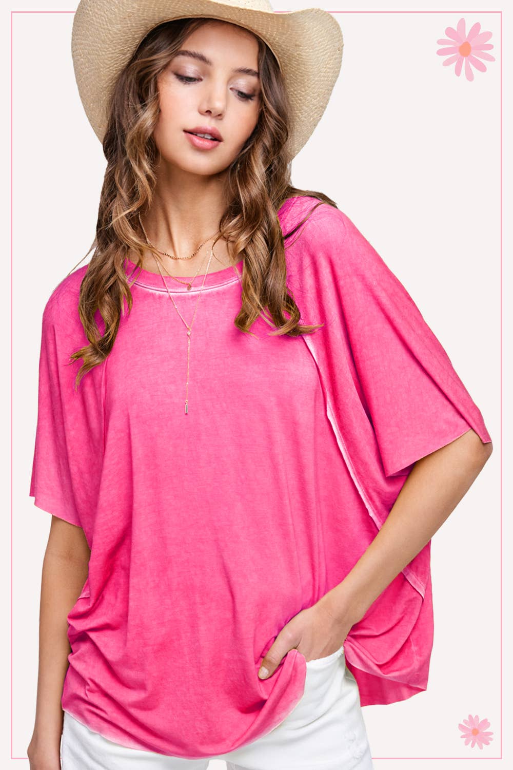 HBT7653 Dyed Fabric Round Neck Batwing Short Sleeve Women’s Shirts