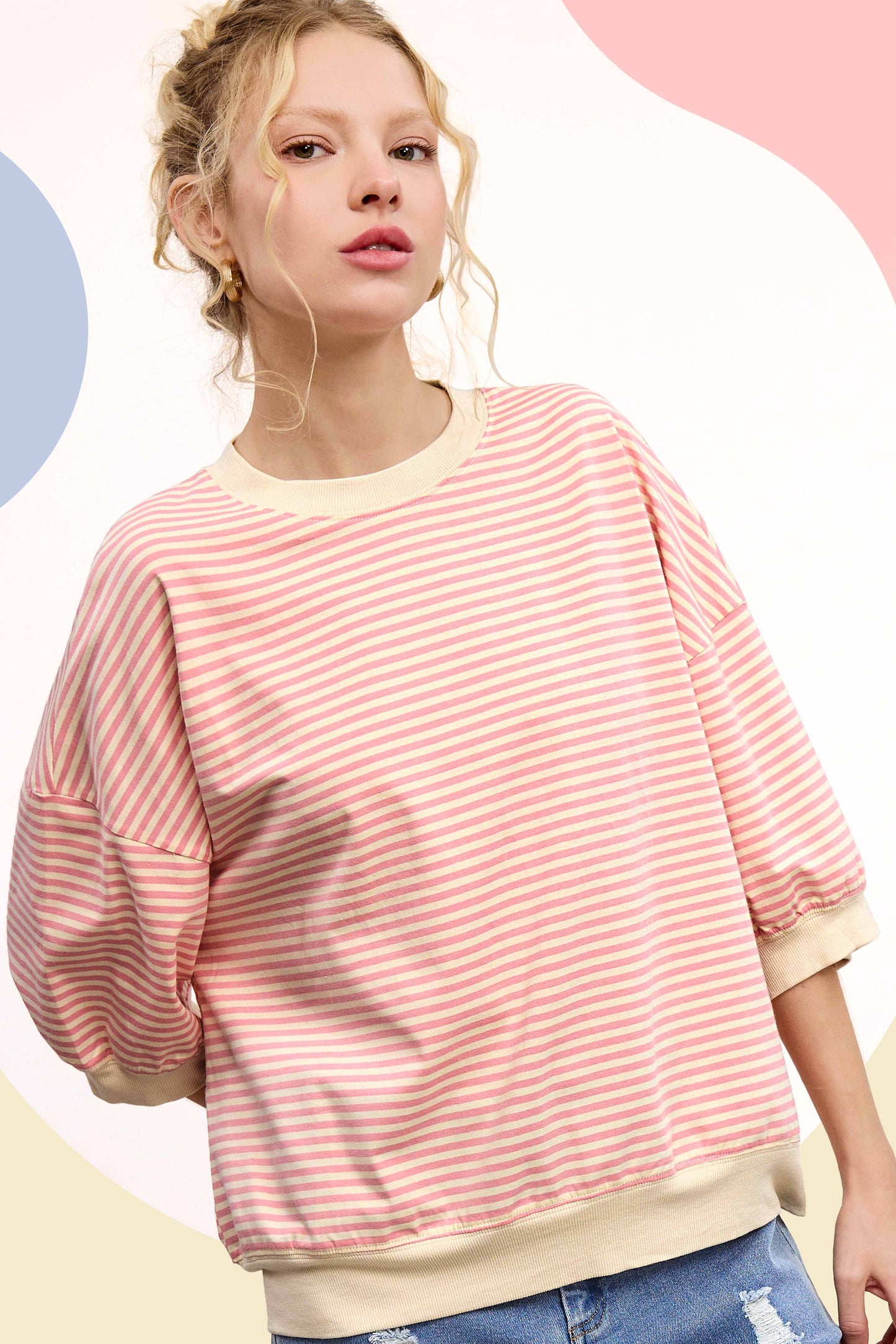 Shits Women’s Loose Fit Striped Short Sleeve Crew Neckline Top MCT7688
