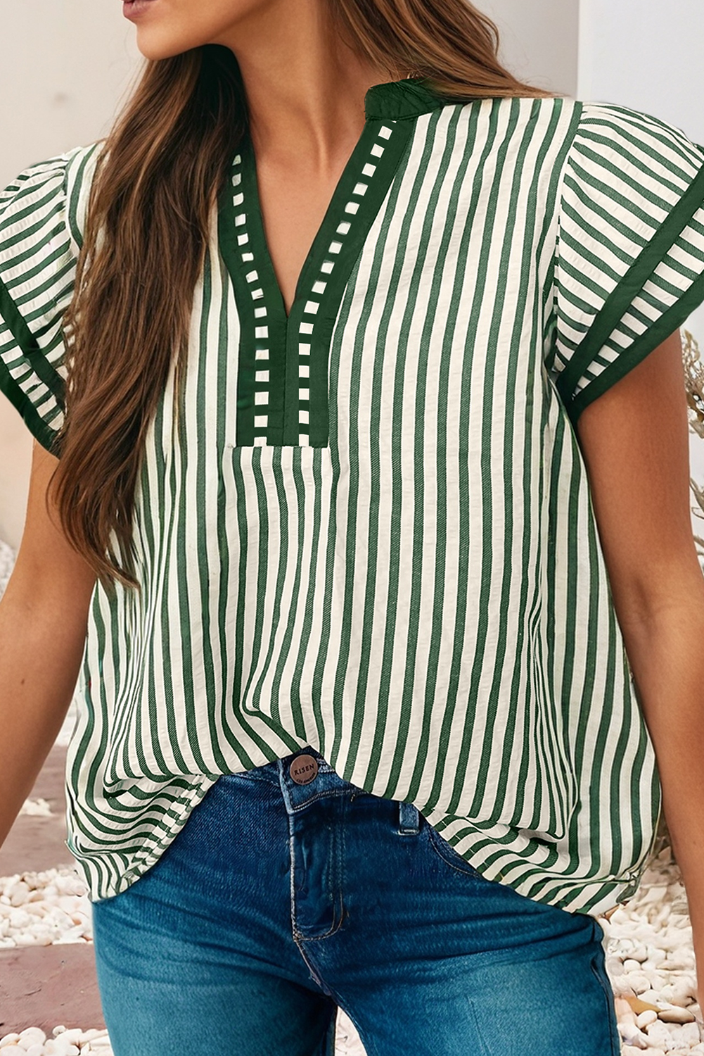LDC Double Ruffled Short Sleeve Contrast Trim V Neck Blouse P1619