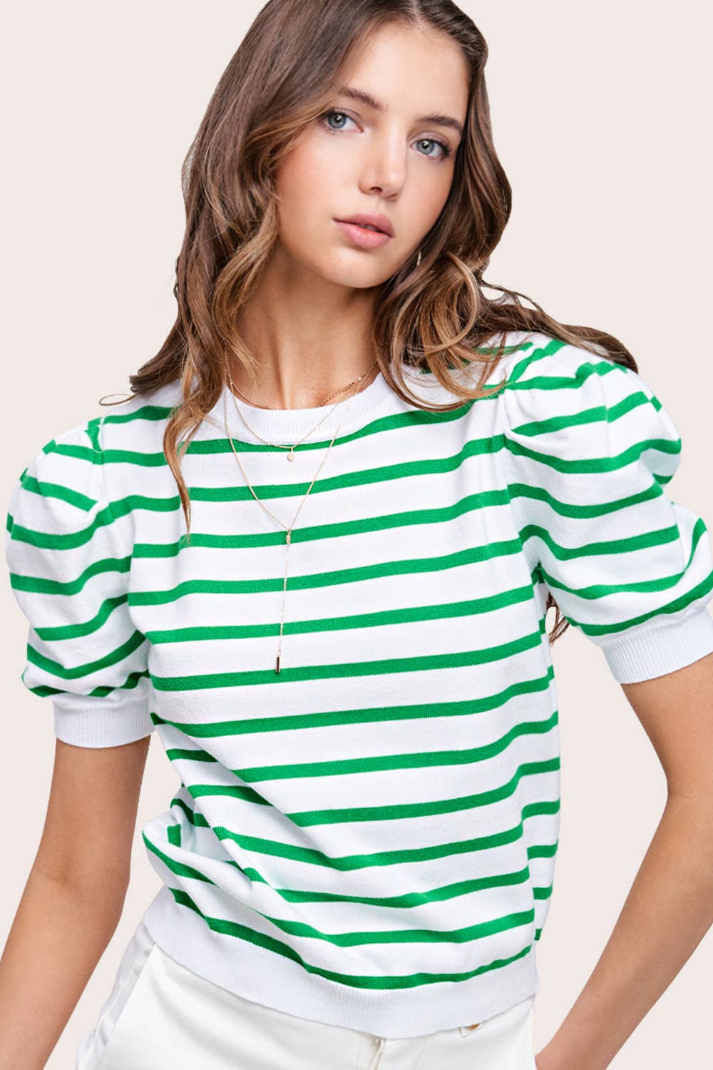 Shirts Women’s Lightweight Puff Short Sleeve Stripe Knit Top JCS3562