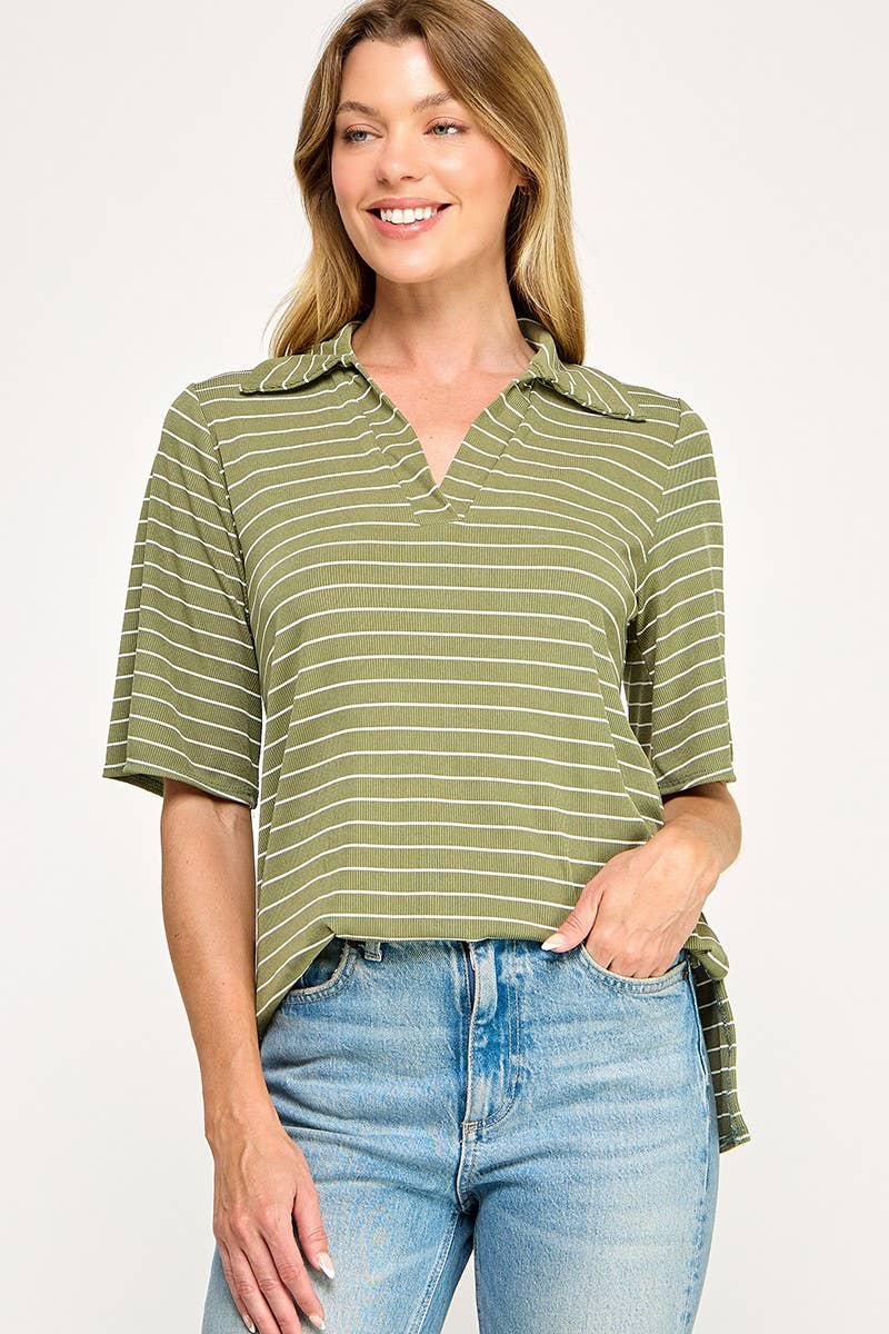 T4019 Stripe Collared Top