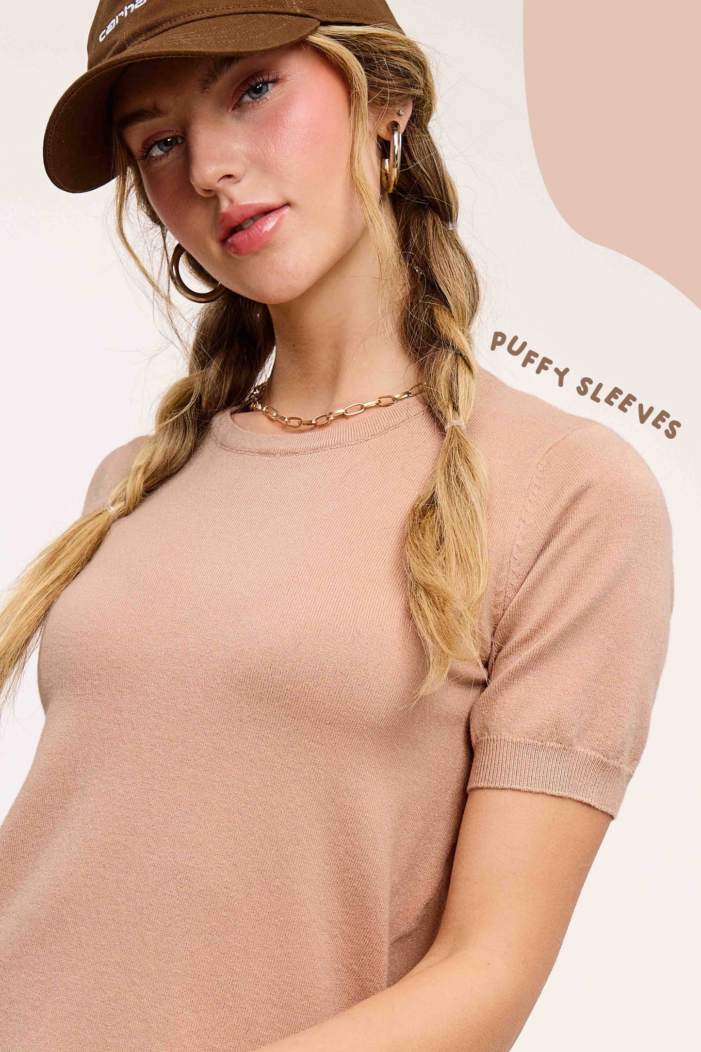 Soft Short Puffy Sleeve Basic Stretchy Knit Top MCS3600