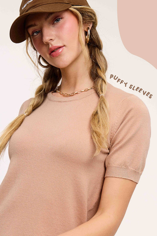 Soft Short Puffy Sleeve Basic Stretchy Knit Top MCS3600
