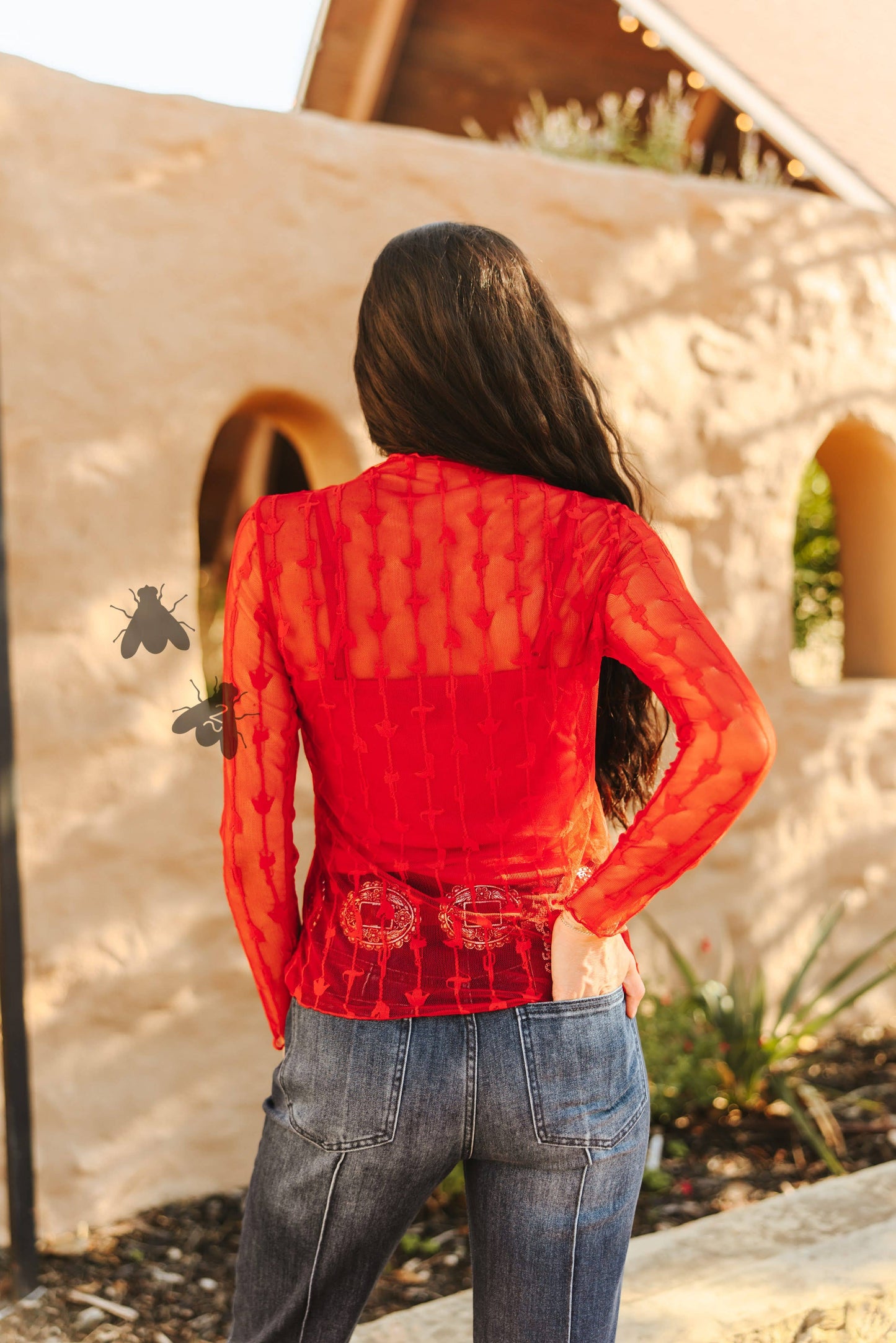 LARIAT Women’s LACE L/S *RED Mesh Top