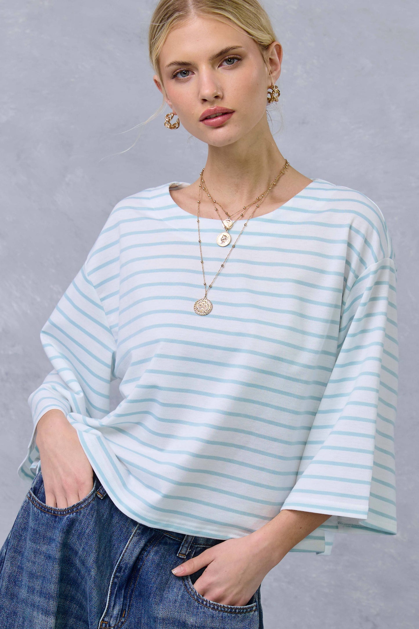 HDT7723-Striped Semi Crop Top women’s shirt with 3/4 Bell Sleeves